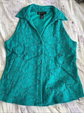 INC International Concepts Teal Lace Button-Front Sleeveless Shirt